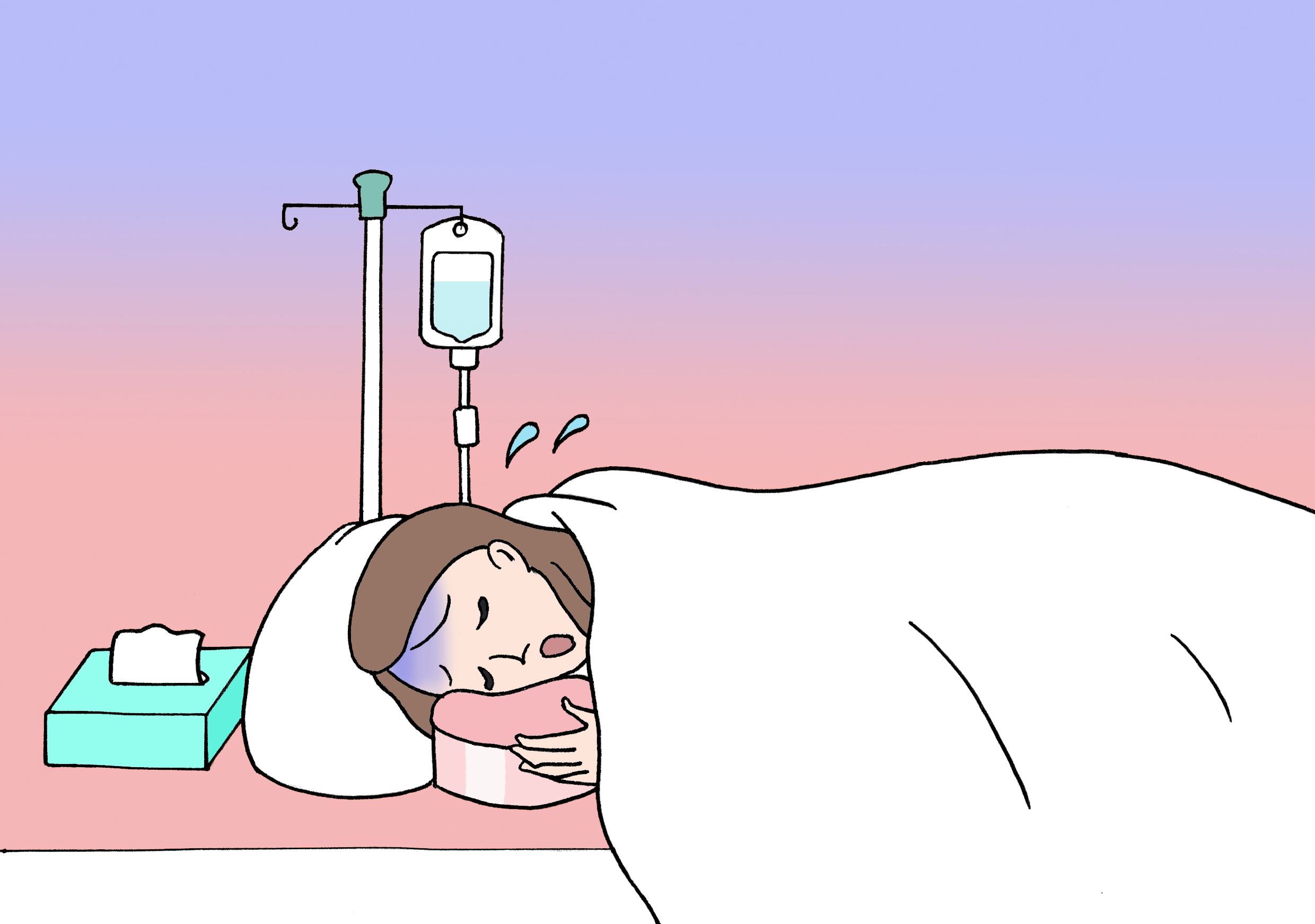 つわりがひどく、病院で点滴を受けている様子