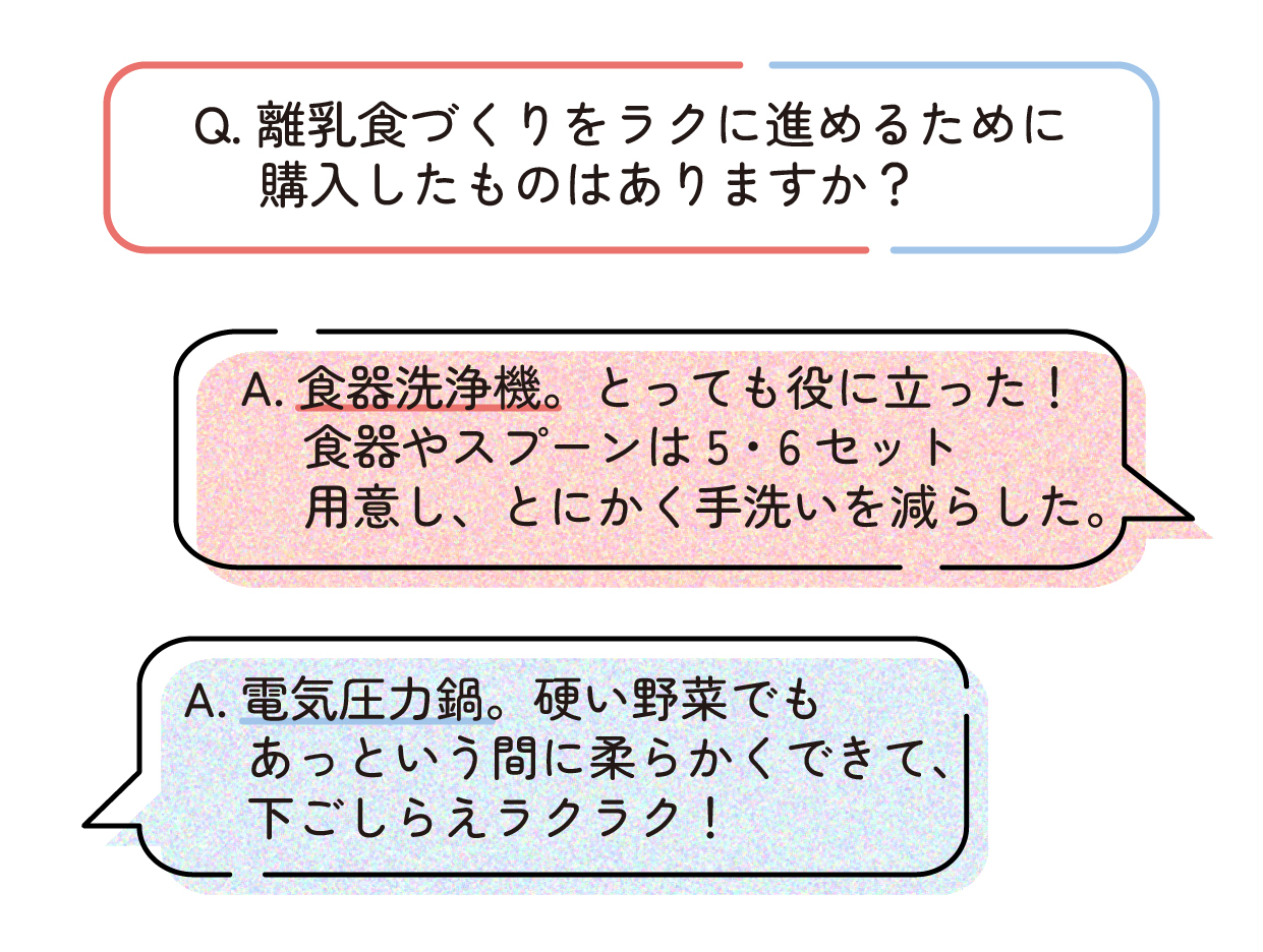 離乳食づくりをラクに進めるために購入したものはありますか?
「食器洗浄機」「電気圧力鍋」