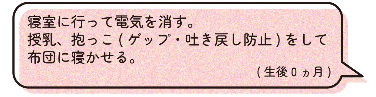 寝かしつけルーティン紹介:寝室に行って電気を消す。授乳、抱っこ(ゲップ・吐き戻し防止)をして布団に寝かせる。(生後0ヵ月)