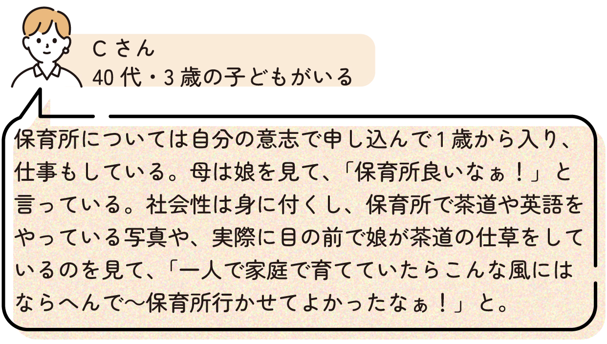Cさん「保育所については自分の意志で申し込んで1歳から入り、仕事もしている。母は娘を見て、「保育所良いなぁ!」と言っている。社会性は身に付くし、保育所で茶道や英語をやっている写真や、実際に目の前で娘が茶道の仕草をしているのを見て、「一人で家庭で育てていたらこんな風にはならへんで~保育所行かせてよかったなぁ!」と。」