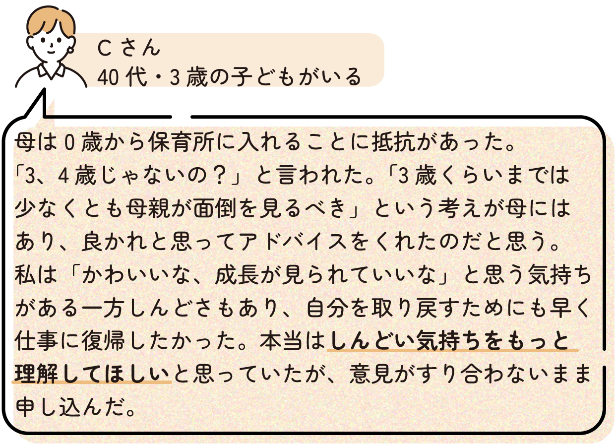 Cさん「母は0歳から保育所に入れることに抵抗があった。「3,4歳じゃないの?」と言われた。「3歳くらいまでは少なくとも母親が面倒を見るべき」という考えが母にはあり、良かれと思ってアドバイスをくれたのだと思う。
私は、「かわいいな、成長が見られていいな」と思う気持ちがある一方しんどさもあり、自分を取り戻すためにも早く仕事に復帰したかった。本当はしんどい気持ちをもっと理解してほしいと思っていたが、意見がすり合わないまま申し込んだ。」