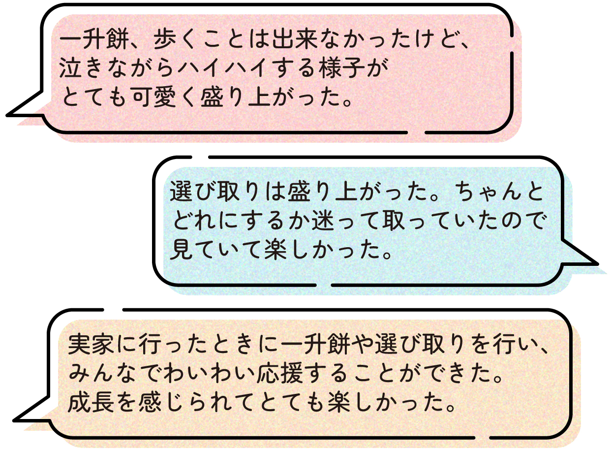 「一升餅、歩くことは出来なかったけど、泣きながらハイハイする様子がとても可愛く盛り上がった。」
「選び取りは盛り上がった。ちゃんとどれにするか迷って取っていたので見ていて楽しかった。」
「実家に行ったときに一升餅や選び取りを行い、みんなでわいわい応援することができた。成長を感じられてとても楽しかった。」