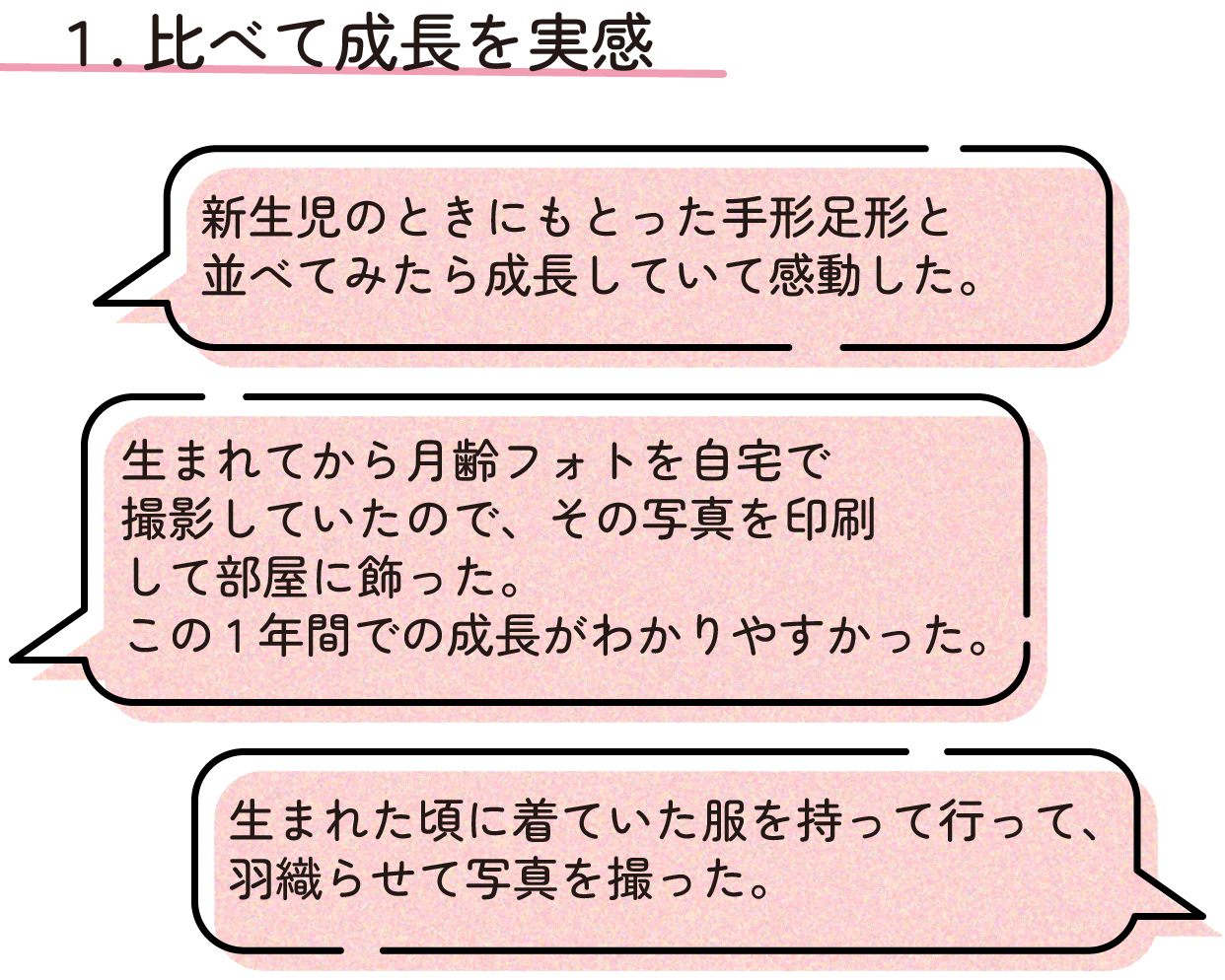 〇比べて成長を実感
「新生児のときにもとった手形足形と並べてみたら成長していて感動した。」
「生まれてから月齢フォトを自宅で撮影していたので、その写真を印刷して部屋に飾った。この1年間での成長がわかりやすかった。」
「生まれた頃に着ていた服を持って行って、羽織らせて写真を撮った。」