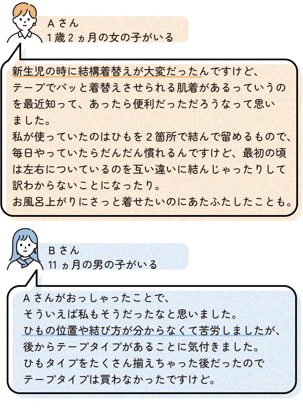 Aさん(1歳2ヵ月の女の子がいる)
新生児の時に結構着替えが大変だったんですけど、テープでパッと着替えさせられる肌着があるっていうのを最近知って、あったら便利だっただろうなって思いました。私が使っていたのはひもを2箇所で留めるようなもので、毎日やっていたらだんだん慣れるんですけど、最初の頃は左右についているのを互い違いに結んじゃったりして訳わからないことになったり。お風呂上がりにさっと着せたいのにあたふたしたことも。
Bさん(生後11ヵ月の男の子がいる)
Aさんがおっしゃったことで、そういえば私もそうだったなと思いました。ひもの位置や結び方が分からなくて苦労しましたが、後からテープタイプがあることに気付きました。ひもタイプをたくさん揃えちゃった後だったのでテープタイプは買わなかったですけど。