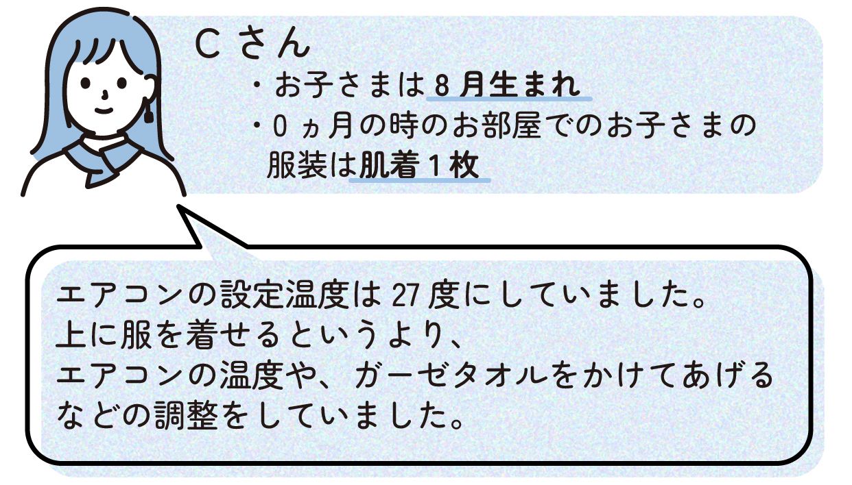 Cさん:お子さまは8月生まれ、0ヵ月の時のおへやでのお子さまの服装は肌着1枚