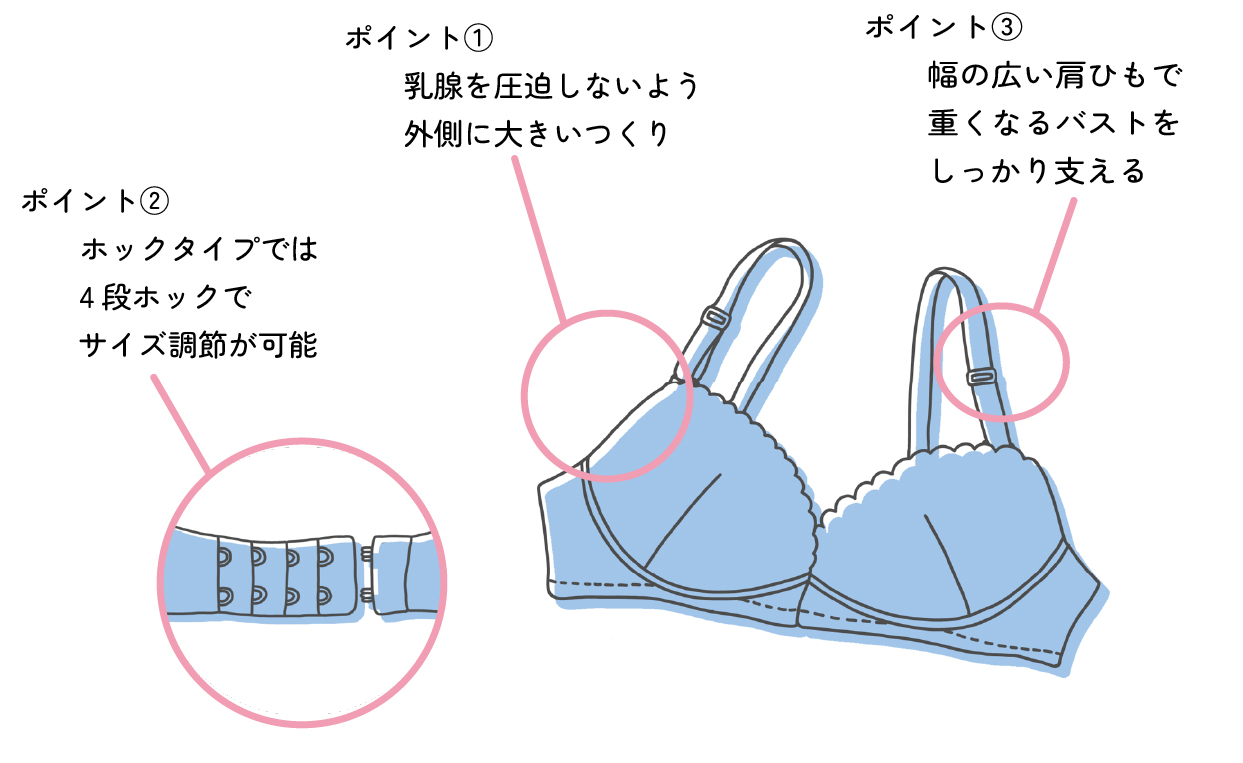 ポイント①乳腺を圧迫しないよう外側に大きいつくり。ポイント②ホックタイプでは4段ホックでサイズ調整が可能。ポイント③幅の広い肩ひもで重くなるバストをしっかり支える。