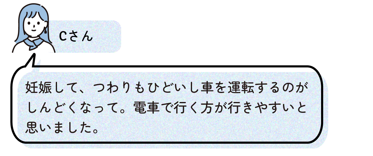 Cさんは妊娠して、つわりもひどいし車を運転するのがしんどくなって。電車で行く方が行きやすいと思いました。