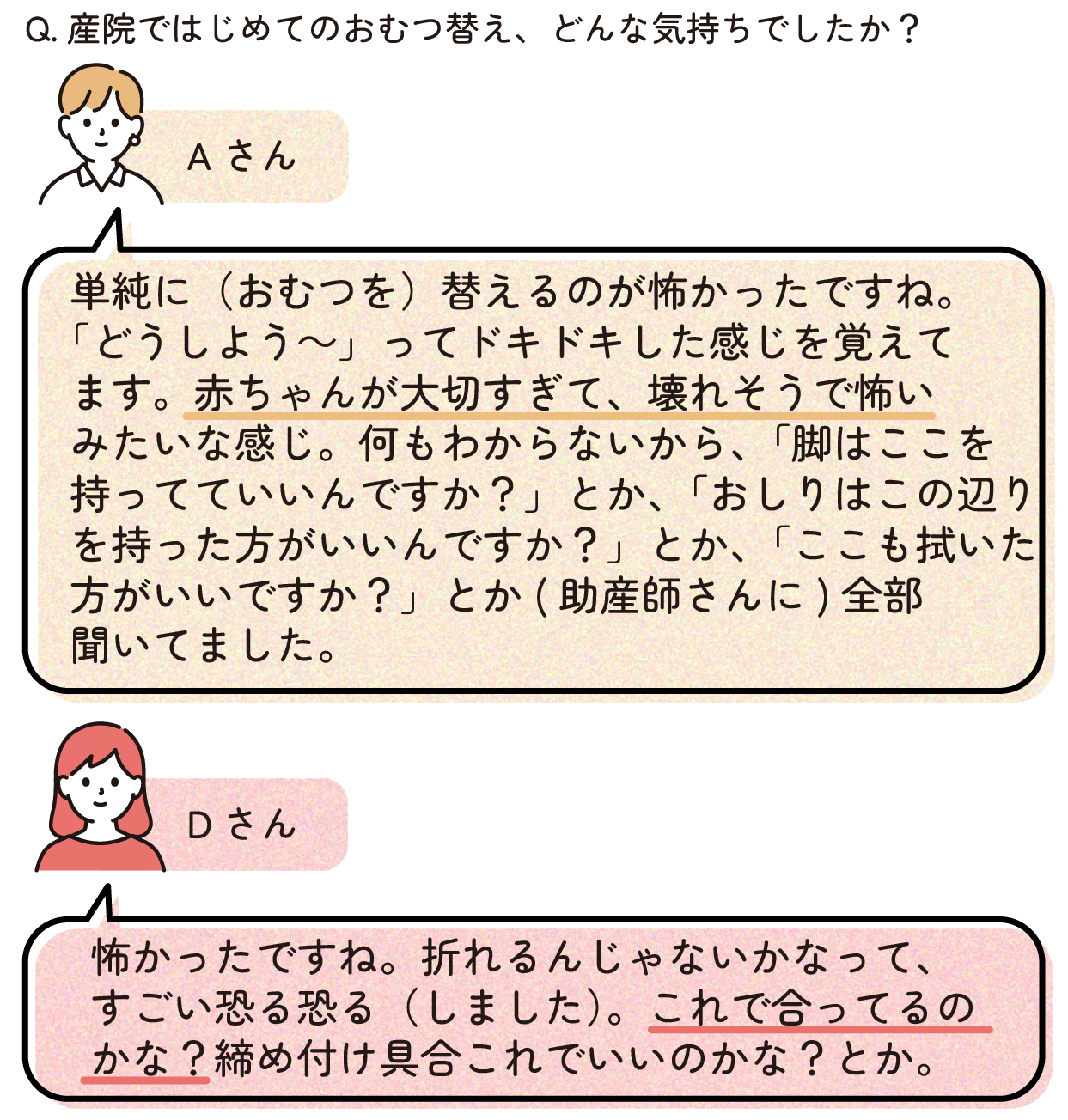 Aさん「単純に(おむつを)替えるのが怖かったですね。『どうしよう~』ってドキドキした感じを覚えてます。赤ちゃんが大切すぎて、壊れそうで怖いみたいな感じ。何もわからないから、『脚はここを持ってていいんですか?』とか、「おしりはこのあたりを持った方がいいんですか?」とか、「ここも拭いた方がいいですか?」とか(助産師さんに)全部聞いてました。」
Dさん「怖かったですね。折れるんじゃないかなって、すごい恐る恐る(しました)。これで合ってるのかな?締め付け具合これでいいのかな?とか。」
