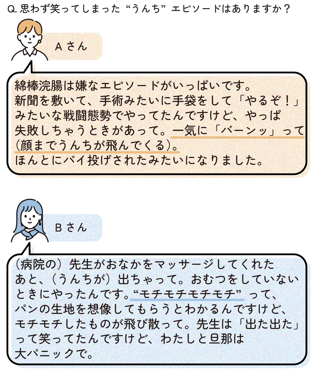 Aさん「綿棒浣腸は嫌なエピソードがいっぱいです。新聞を敷いて、手術みたいに手袋をして『やるぞ!』みたいな戦闘態勢でやってたんですけど、やっぱ失敗しちゃうときがあって。一気に『バーンッ』って(顔までうんちが飛んでくる)。ほんとにパイ投げされたみたいになりました。」
Bさん「(病院の)先生がおなかをマッサージしてくれたあと、(うんちが)出ちゃって。おむつをしていないときにやったんです。 “モチモチモチモチ”って、パンの生地を想像してもらうとわかるんですけど、モチモチしたものが飛び散って。先生は『出た出た』って笑ってたんですけど、わたしと旦那は大パニックで。」