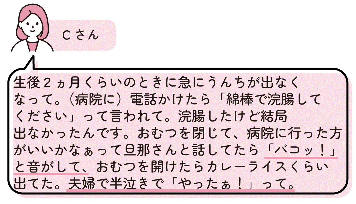 Dさん「子どもがいろんなところに座っているうちに、うんちがクッキー生地みたいに伸ばされて。おむつを替えるときに、そのままおしりにペタッと張り付いてる。それが面白くて写真に撮ったりとかして。うんちって汚いものだけど、子どものものは汚いっていうより写真とか撮っちゃえるくらい面白いものになるなって感じですね。」
Eさん「寝返りとかするようになって、自分のうんちが気になるんですかね。(おむつ替えのときに)自分で触るようになって。腹筋するみたいな姿勢で触ってしまってて。今は笑えますが、当時は『ちょっと待って!』みたいな。」