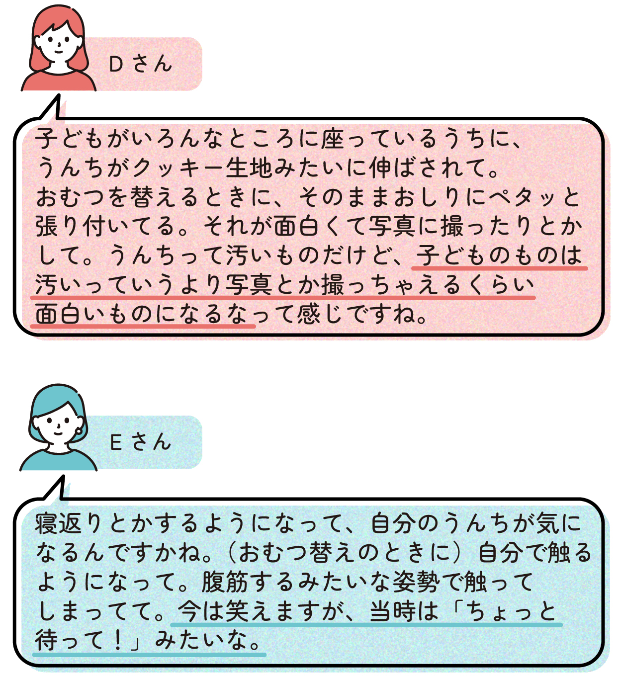 Dさん「子どもがいろんなところに座っているうちに、うんちがクッキー生地みたいに伸ばされて。おむつを替えるときに、そのままおしりにペタッと張り付いてる。それが面白くて写真に撮ったりとかして。うんちって汚いものだけど、子どものものは汚いっていうより写真とか撮っちゃえるくらい面白いものになるなって感じですね。」
Eさん「寝返りとかするようになって、自分のうんちが気になるんですかね。(おむつ替えのときに)自分で触るようになって。腹筋するみたいな姿勢で触ってしまってて。今は笑えますが、当時は『ちょっと待って!』みたいな。」