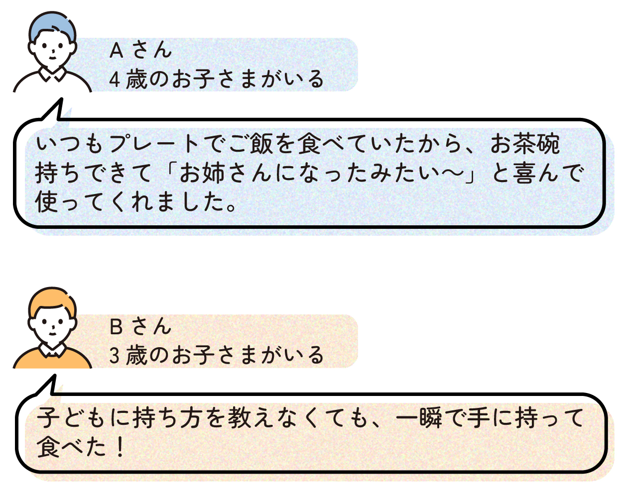 Aさん「いつもプレートでご飯を食べていたから、お茶碗持ちできて『お姉さんになったみたい~』と喜んで使ってくれました」(4歳)
Bさん「子どもに持ち方を教えなくても、一瞬で手に持って食べた!」(3歳)
使いやすさや耐久性、お手入れのしやすさを評価する声も。