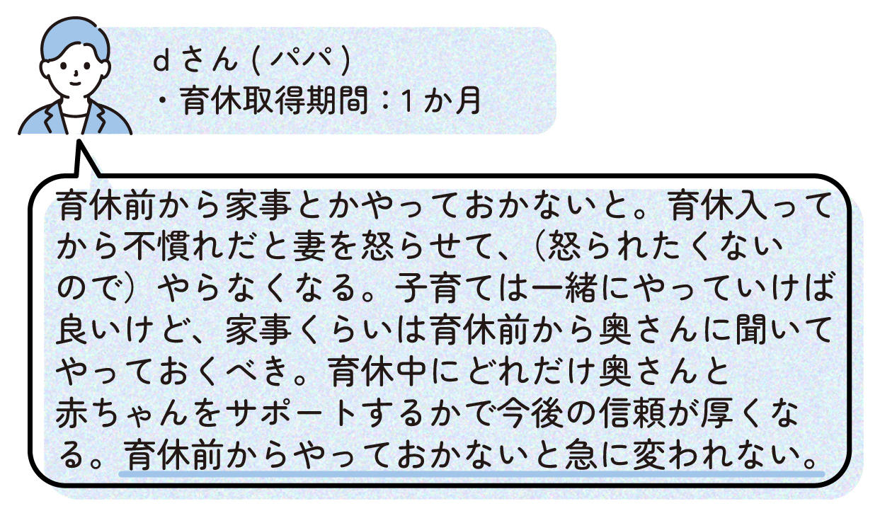 パパD(育休取得期間:1か月)
「育休前から家事とかやっておかないと。育休入ってから不慣れだと妻を怒らせて、(怒られたくないので)やらなくなる。子育ては一緒にやっていけば良いけど、家事くらいは育休前から奥さんに聞いてやっておくべき。育休中にどれだけ奥さんと赤ちゃんをサポートするかで今後の信頼が厚くなる。育休前からやっておかないと急に変われない。」