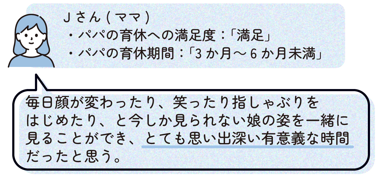 ママJ(パパの育休への満足度:「満足」、パパの育休期間:「3か月~6か月未満」)
「毎日顔が変わったり、笑ったり指しゃぶりをはじめたり、と今しか見られない娘の姿を一緒に見ることができ、とても思い出深い有意義な時間だったと思う。」