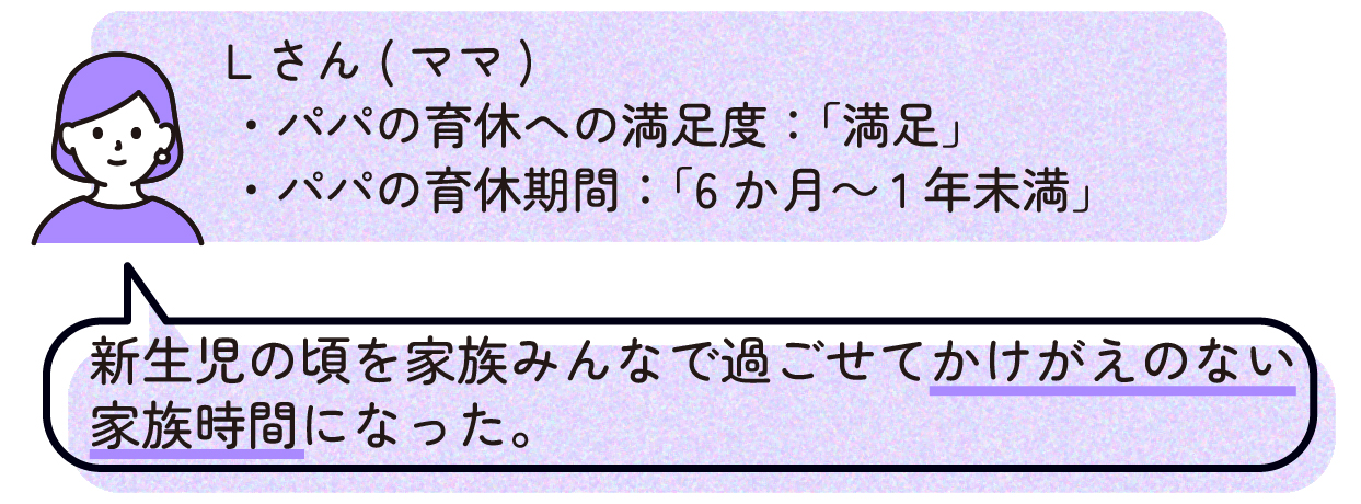 ママL(パパの育休への満足度:「満足」、パパの育休期間:「6か月~1年未満」)
「新生児の頃を家族みんなで過ごせてかけがえのない家族時間になった。」