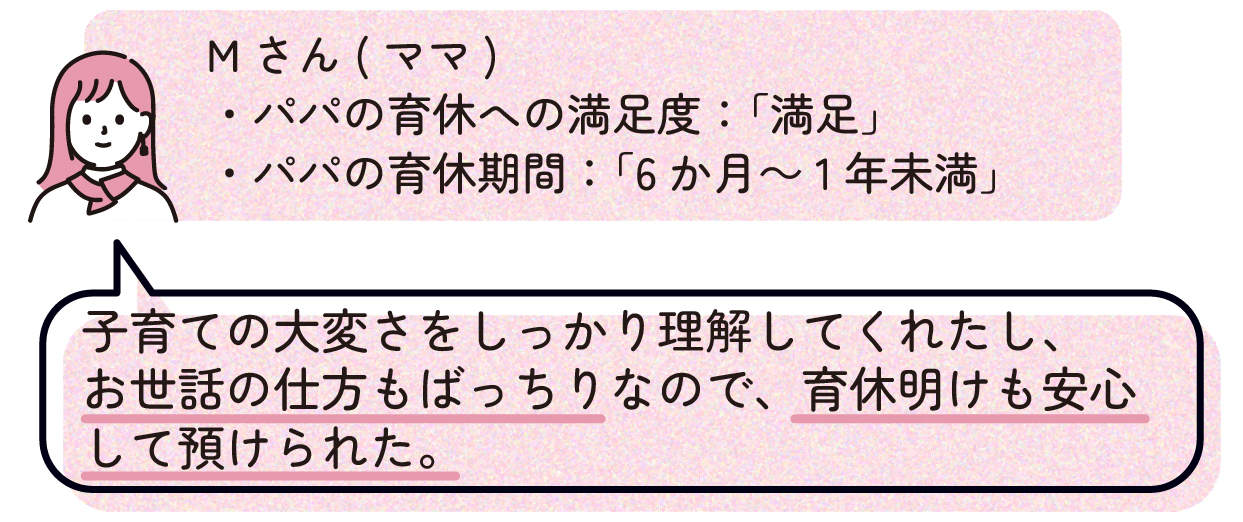 ママM(パパの育休への満足度:「満足」、パパの育休期間:「6か月~1年未満」)
「子育ての大変さをしっかり理解してくれたし、お世話の仕方もばっちりなので、育休明けも安心して預けられた。」