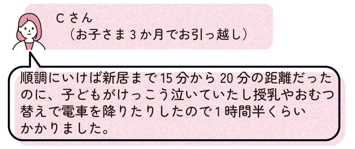 Cさん(お子さま3か月でお引っ越し):順調にいけば新居まで電車で15分から20分の距離だったのに、子どもがけっこう泣いていたし授乳やおむつ替えで電車を降りたりしたので1時間半くらいかかりました。