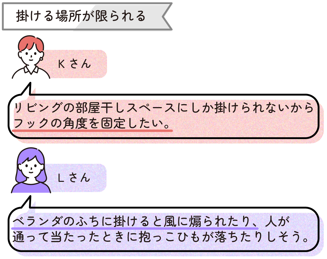 【掛ける場所が限られる】
Kさん>リビングの部屋干しスペースにしか掛けられないからフックの角度を固定したい。
Lさん>ベランダのふちに掛けると風に煽られたり、人が通って当たったときに抱っこひもが落ちたりしそう。