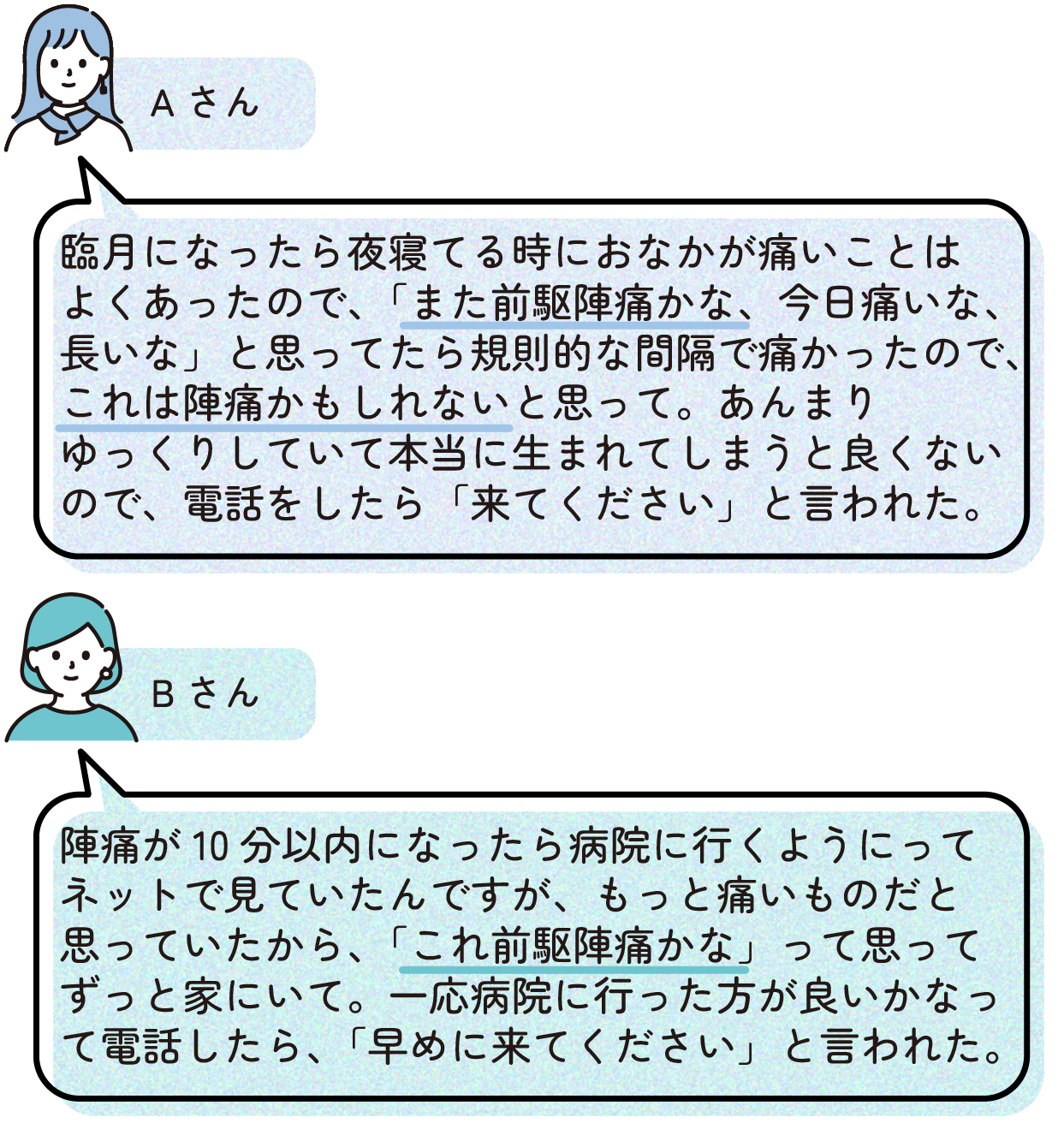 先輩ママの出産体験談。Aさん『臨月になったら夜寝てる時におなかが痛いことはよくあったので、また前駆陣痛かな、今日痛いな、長いなと思っていたら規則的な間隔で痛かったので、これは陣痛かもしれないと思った。あんまりゆっくりしていて本当に生まれてしまうと良くないので、電話をしたら来てくださいと言われた。』Bさん『陣痛が10分以内になったら病院に行くようにってネットで見ていたが、もっと痛いものだと思っていたため、これ前駆陣痛かなと思ってずっと家にいた。一応病院に行った方が良いかなと思って電話したら、早めに来てくださいと言われた。』