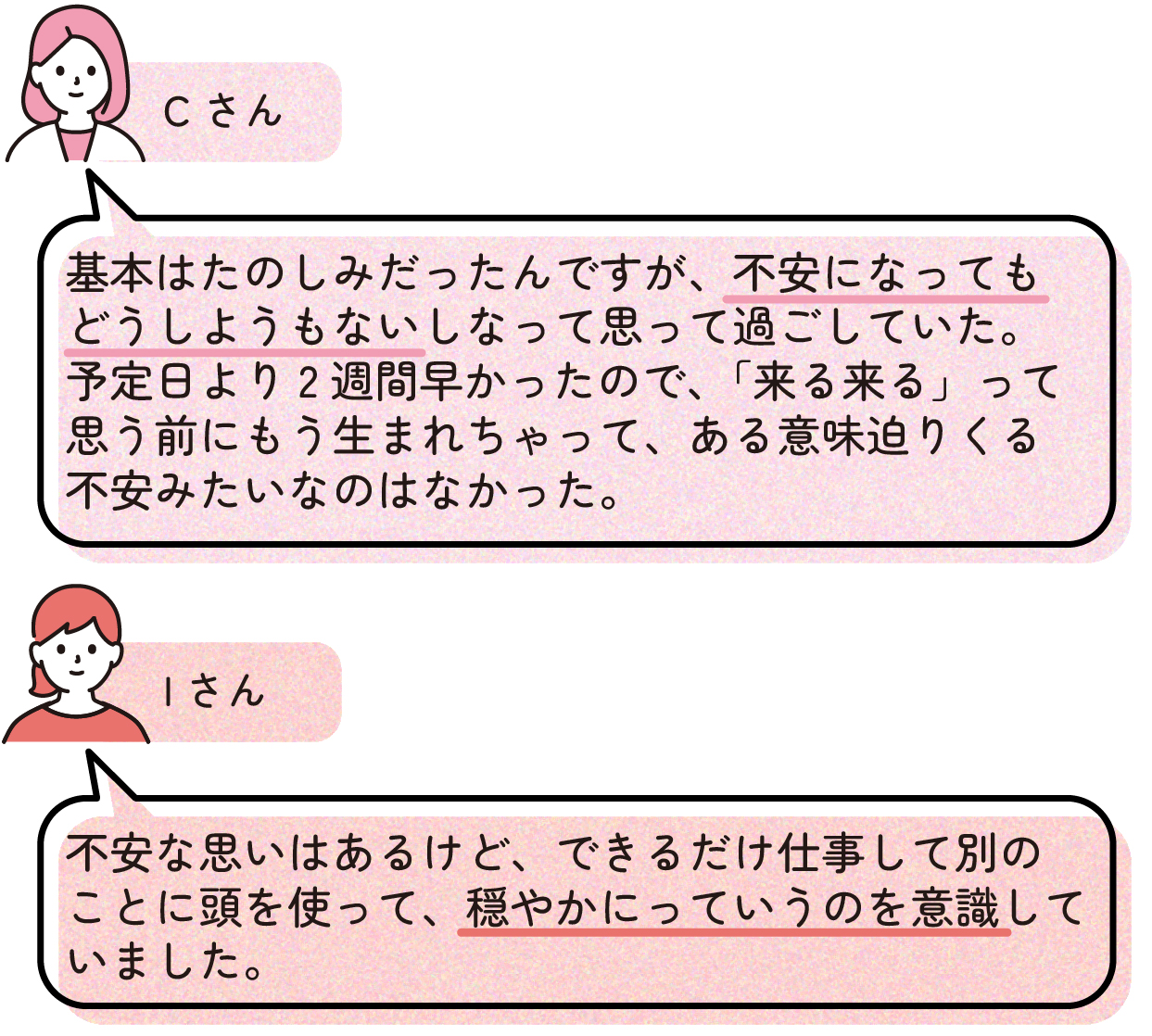 先輩ママの出産体験談。Cさんは出産を楽しみにしていたが、不安になっても仕方がないと考えて過ごしていた。出産予定日より2週間早く生まれたため、出産への不安が大きくなる前に出産を迎えたと話している。Iさんは出産に対する不安はあったものの、できるだけ仕事や別のことに集中し、穏やかに過ごすことを意識していたと話している。