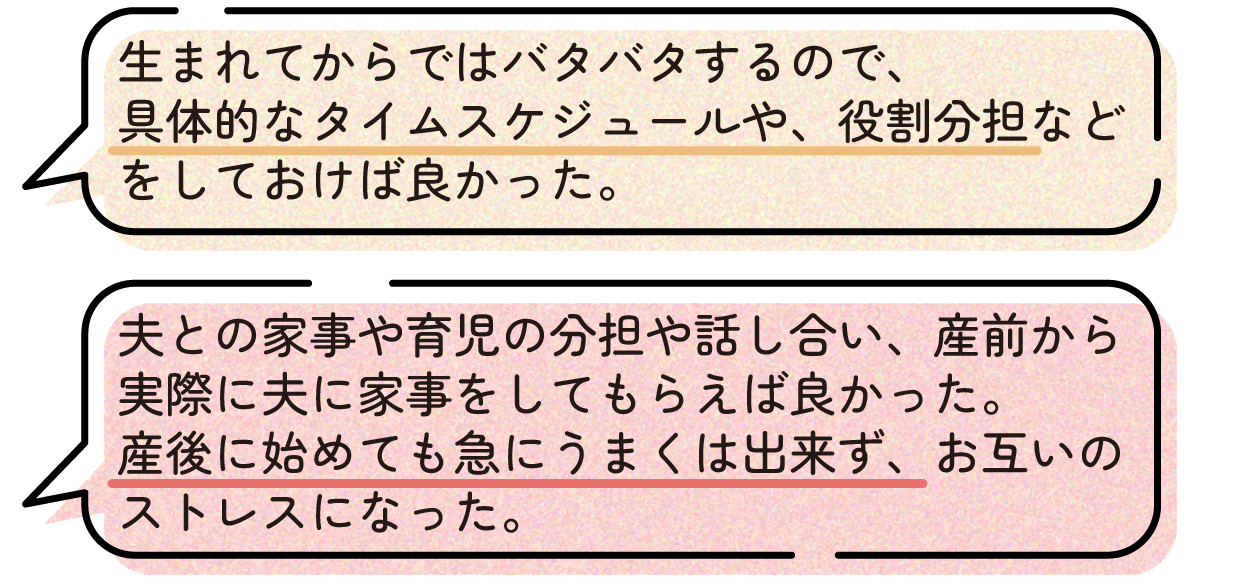 先輩ママの出産体験談。生まれてからは慌ただしくなるため、産前に具体的なタイムスケジュールや家事・育児の役割分担を決めておけば良かったという声。夫婦で家事や育児の分担について十分に話し合い、産前から実際に家事を担当してもらう練習をしておけば良かったという声もあり、産後に始めるとお互いのストレスにつながったと話している。