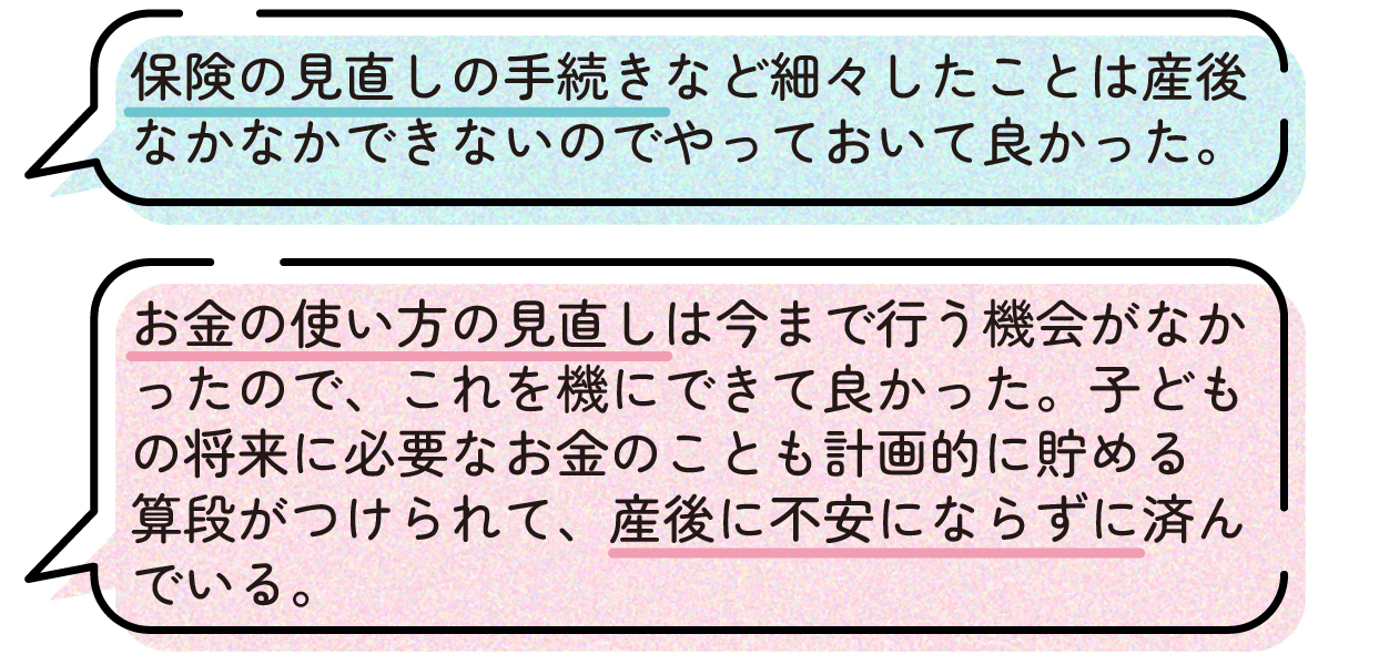 先輩ママの声。保険の見直しなど細かな手続きは産後になると時間を確保しにくいため、妊娠中に済ませておいて良かったという体験談。また、出産を機に家計やお金の使い方を見直したことで、子どもの将来に必要なお金を計画的に貯める方法を考えられ、産後のお金に関する不安を減らすことができたという声もあった。